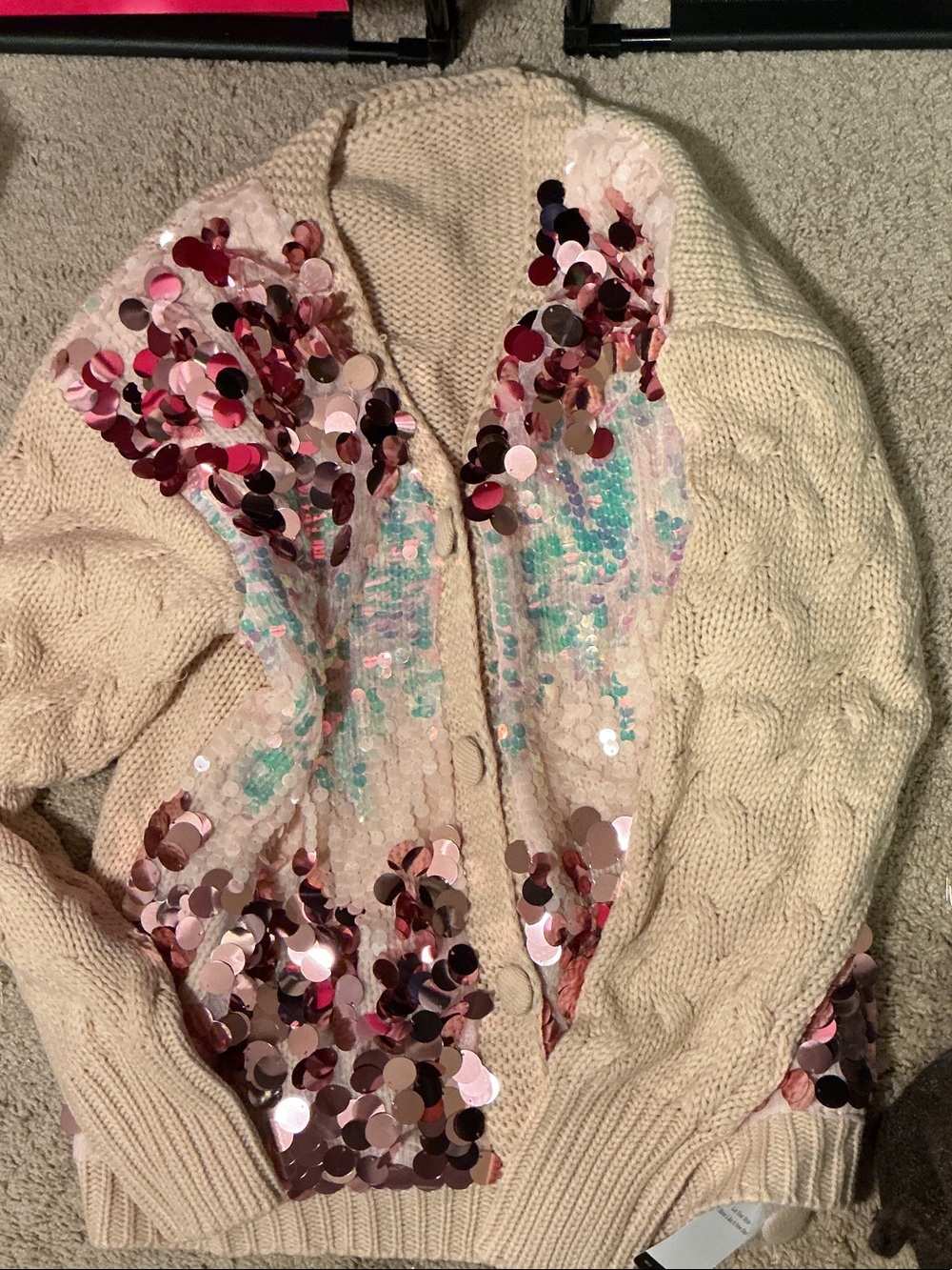 Cream Cable-Knit Cardigan with Pink Sequin Accents